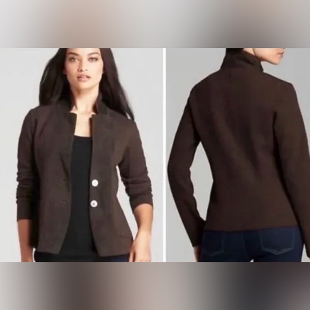 Eileen Fisher Merino Wool and Lamb Leather Blazer Jacket Brown size Small
